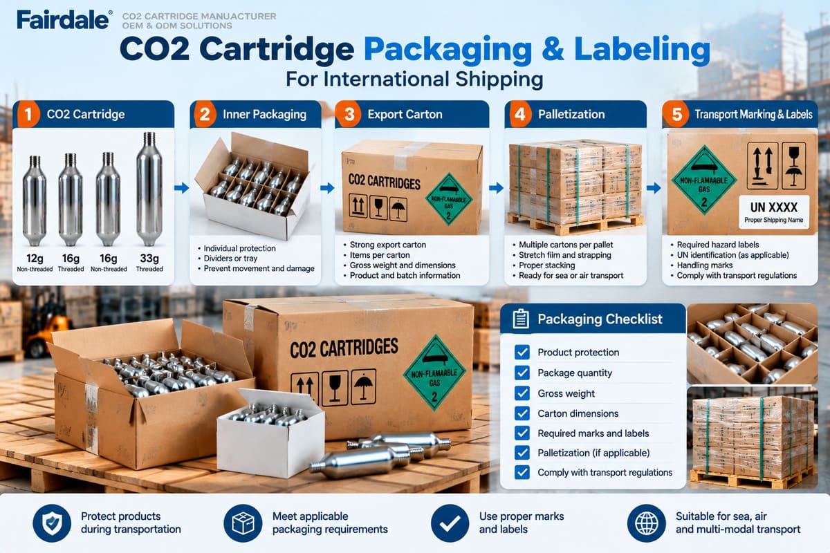 CO2 cartridge packaging and labeling for international transport