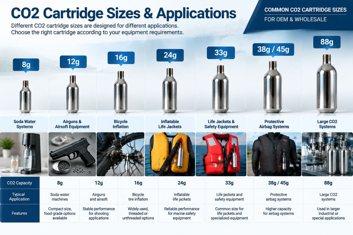 CO2 cartridge sizes and applications including 8g, 12g, 16g, 24g, 33g and 88g models