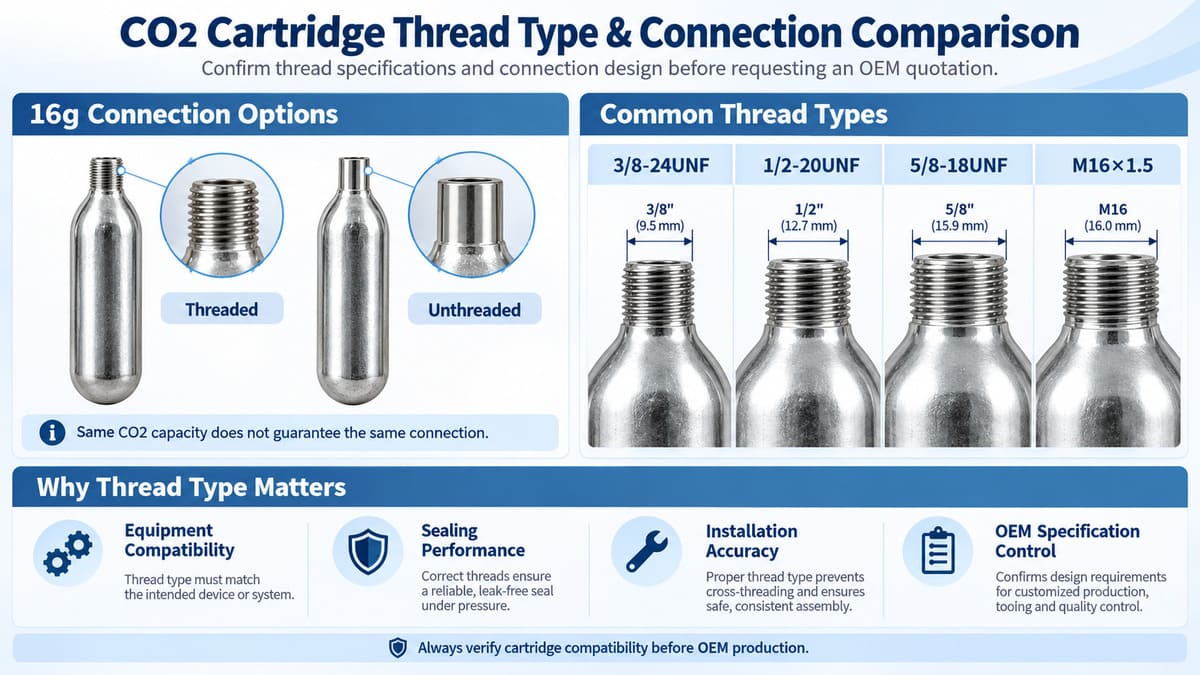 Comparison of CO2 cartridge thread types including threaded and unthreaded connections