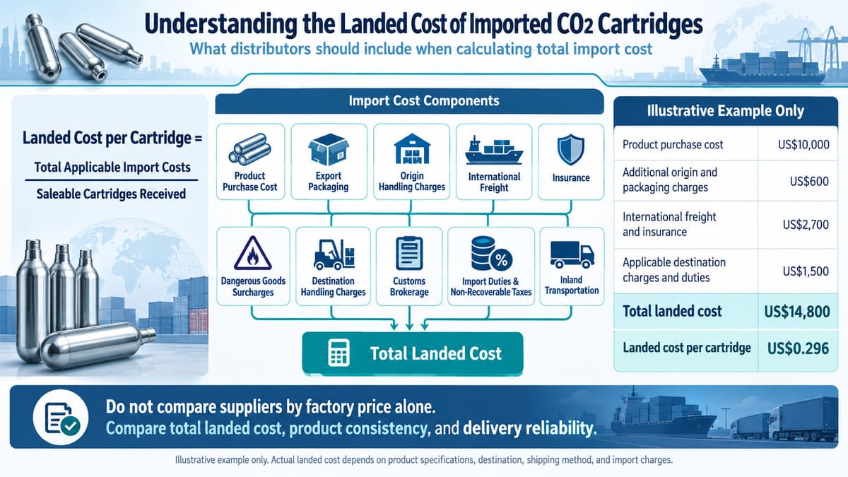 Landed cost components for importing CO2 cartridges including product price, freight, handling fees and duties