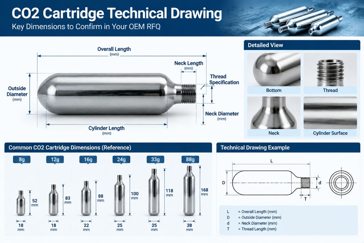 Technical drawing showing CO2 cartridge dimensions including length diameter and thread specifications