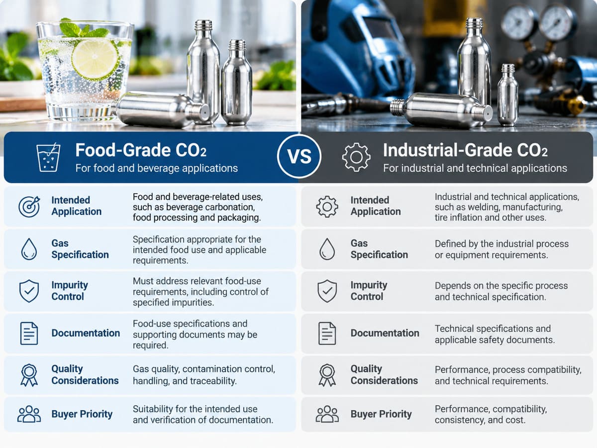 Comparison of food-grade and industrial CO2 applications and specifications