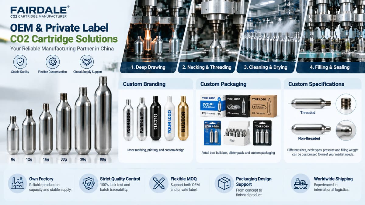 OEM and private label CO2 cartridge products with custom retail packaging options