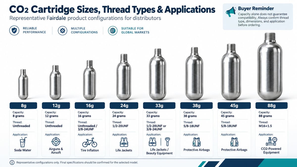 Fairdale CO2 cartridge sizes including 8g, 12g, 16g, 24g, 33g, 38g, 45g and 88g