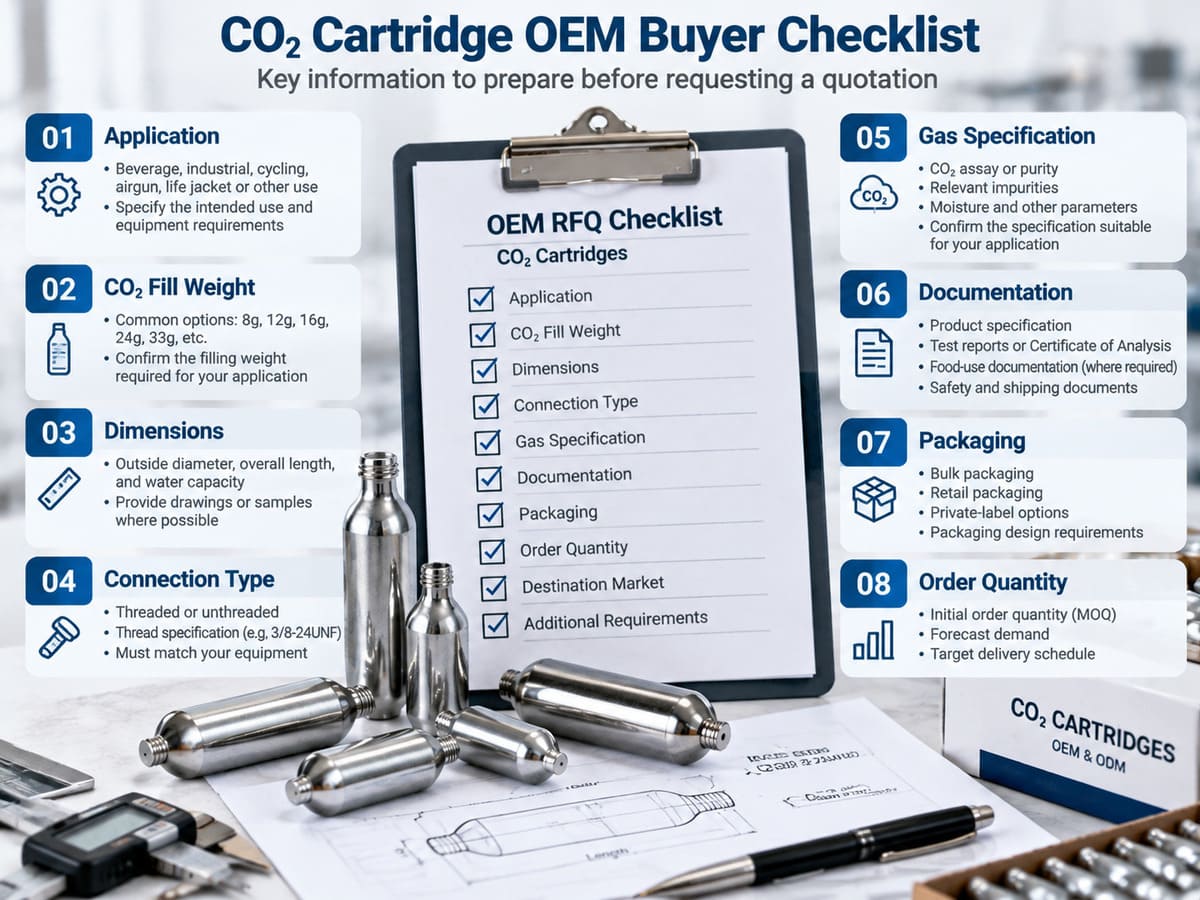 CO2 cartridge OEM buyer checklist covering application, fill weight, dimensions, connections, gas specifications, documentation, packaging, and order quantity