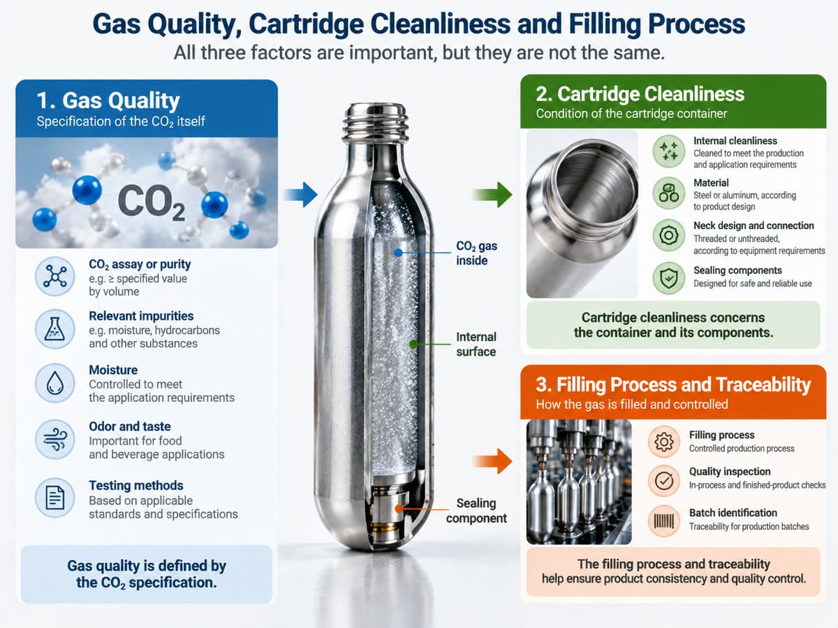 CO2 gas quality, cartridge cleanliness, and filling process quality control