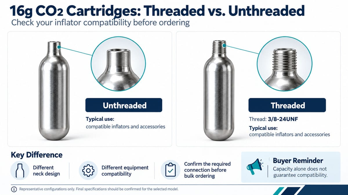 Comparison of threaded 3-8-24UNF and unthreaded 16g CO2 cartridges