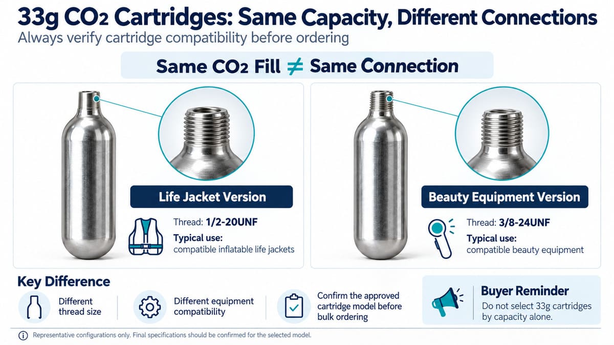 Comparison of 33g CO2 cartridges with 1-2-20UNF and 3-8-24UNF threaded connections