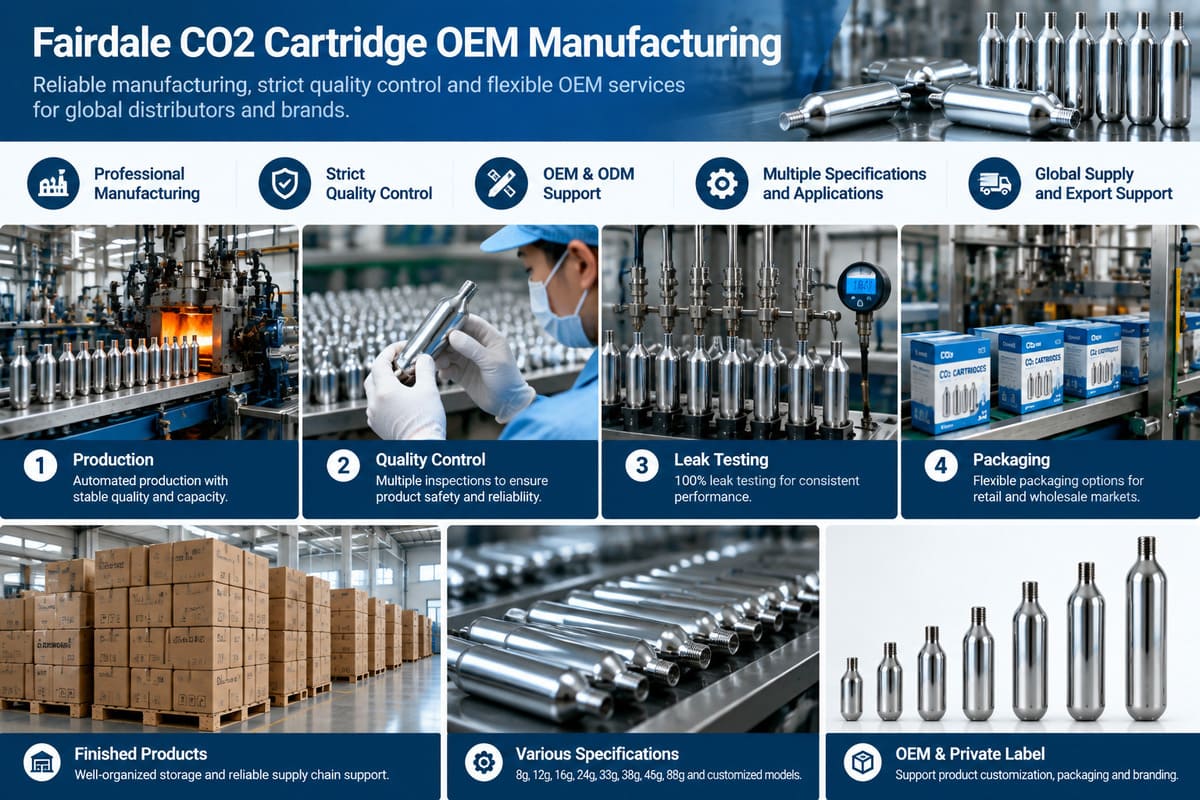 CO2 cartridge OEM manufacturing facility with production and quality control processes