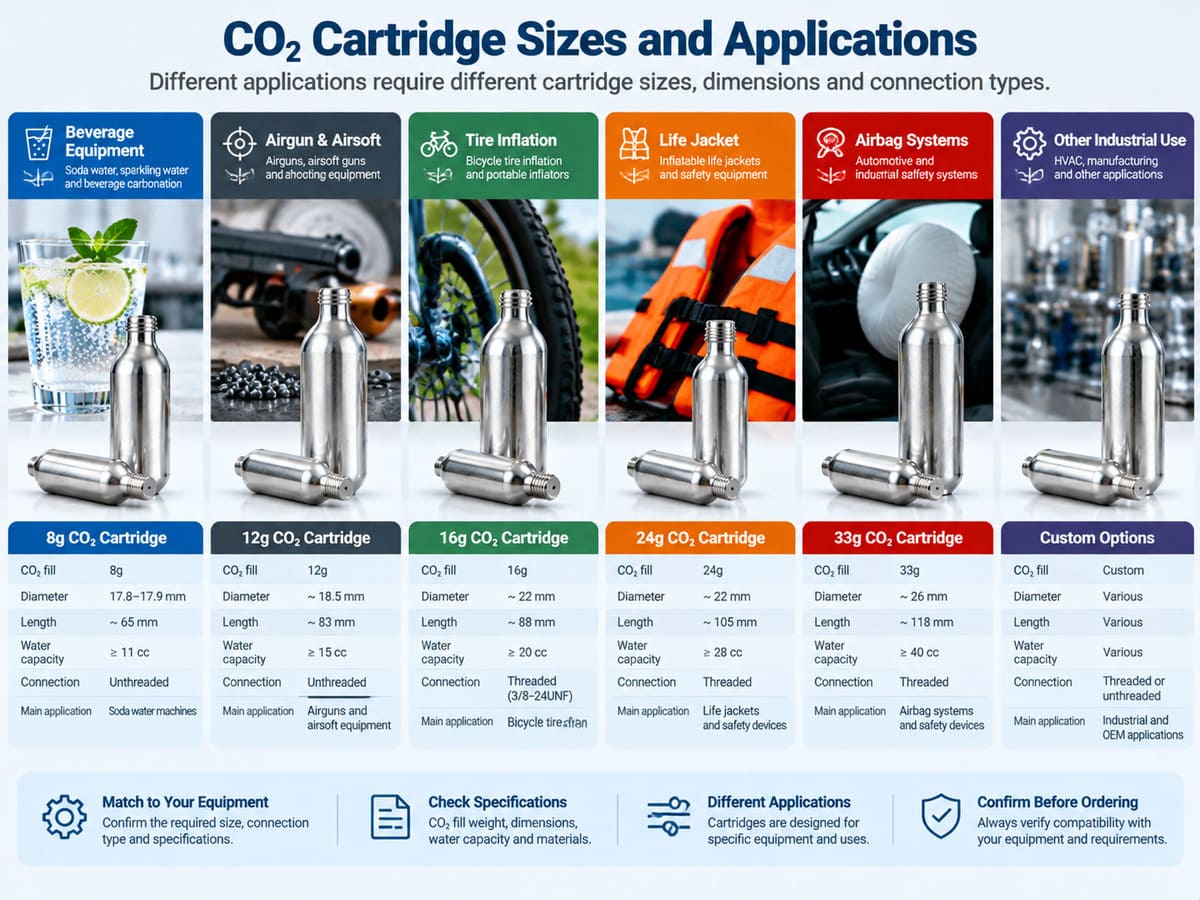 Miniature CO2 cartridges in different sizes and connection configurations