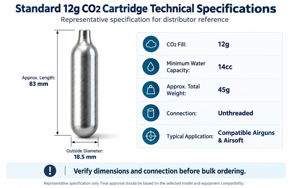 Fairdale 12g CO2 cartridge specifications showing fill weight, diameter, length and unthreaded connection